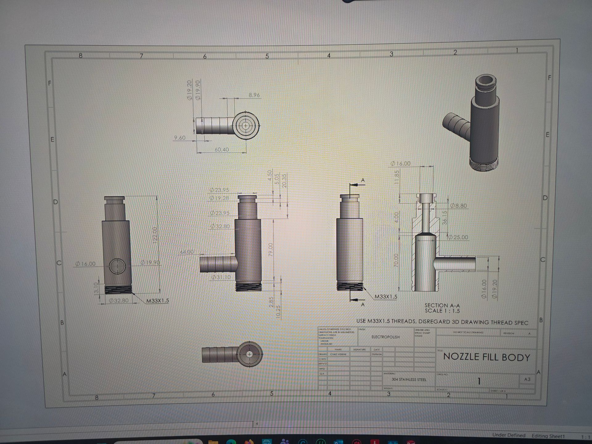 Technical drawing of a metal cylindrical component with multiple views, dimensions, and title block on a drafting sheet