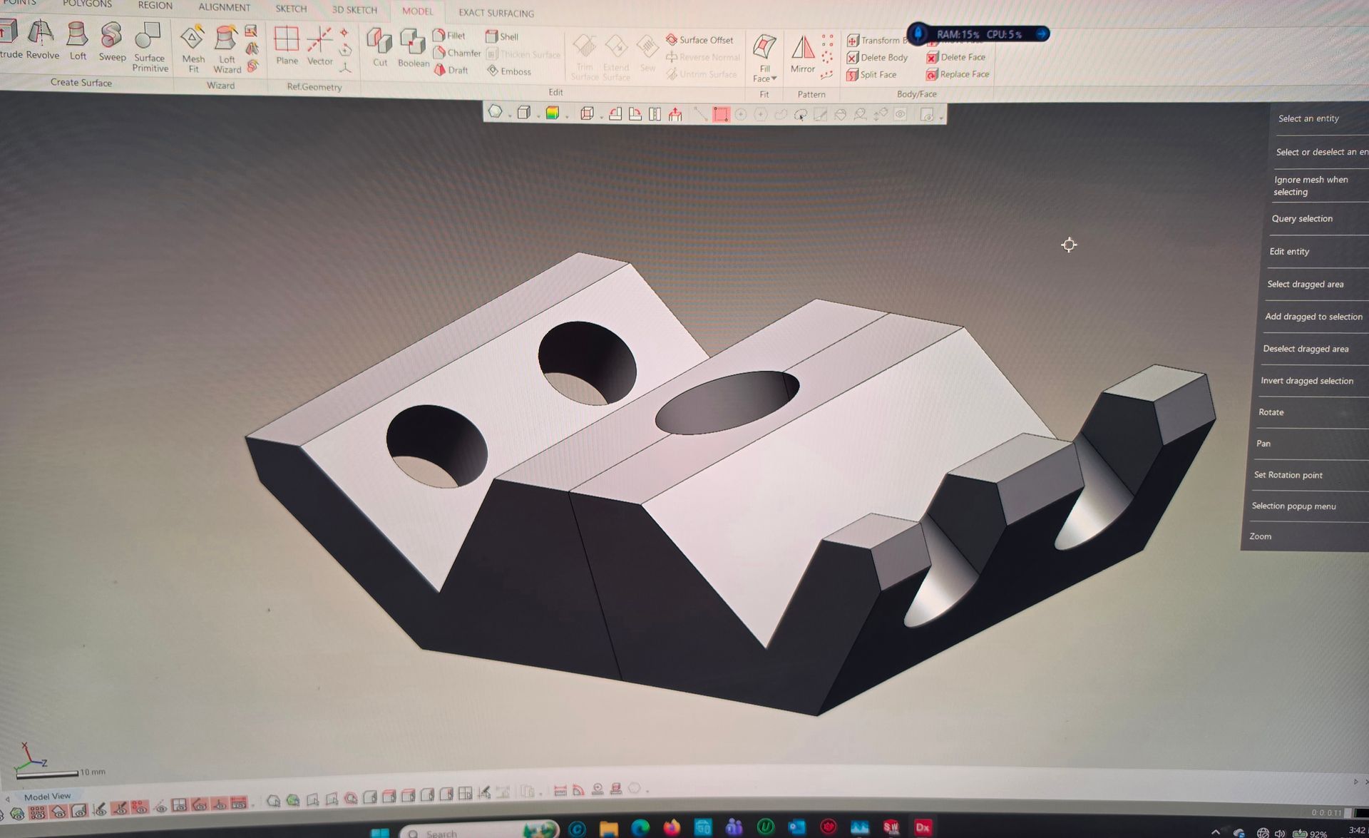 3D CAD model of a white part with multiple holes, shown in a design software interface on a computer screen