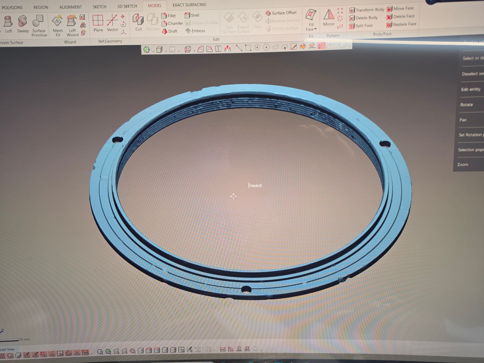 Blue circular mechanical ring CAD model shown in a 3D design program