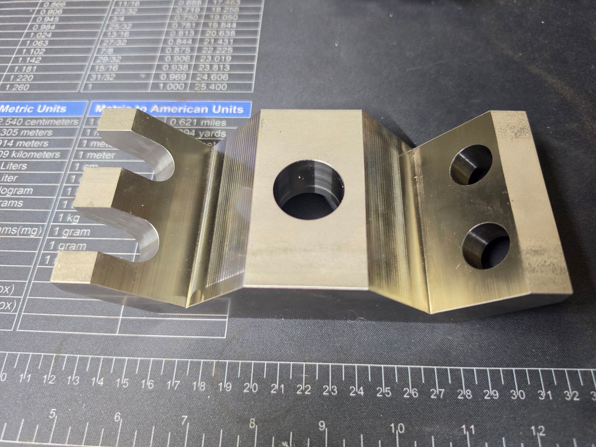 Metal machined bracket with stepped surfaces, a large central hole, and two smaller holes on a ruler-lined workbench