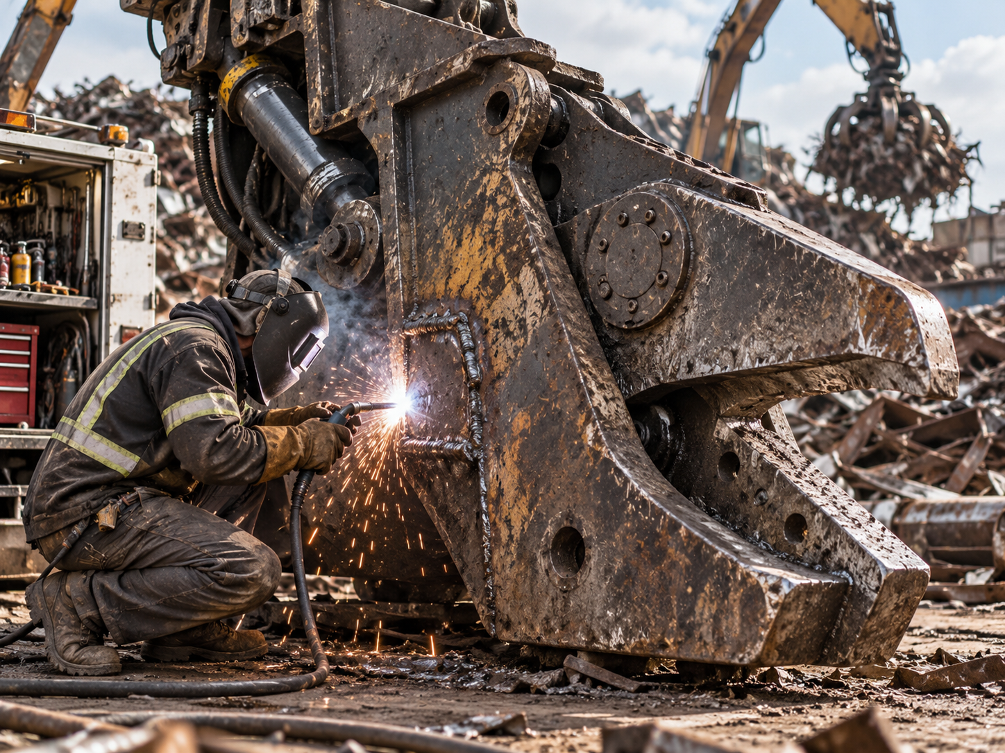 Welder performing on-site repair and reconditioning on a heavy-duty scrap metal shear in New Jersey
