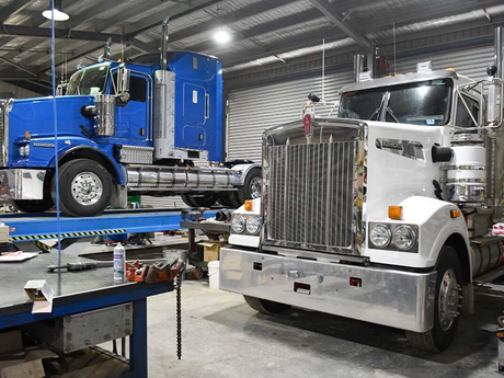 Trucks in Hydrautech’s hydraulic repair workshop in Ballarat