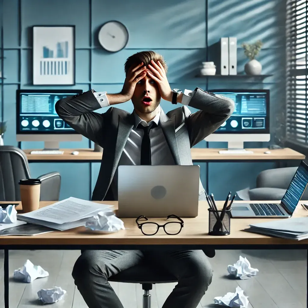 Frustrated entrepreneur trying to keep up with job demands.