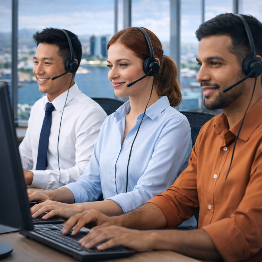 Three people wearing headsets typing on computers in an office setting with a cityscape background, smiling.