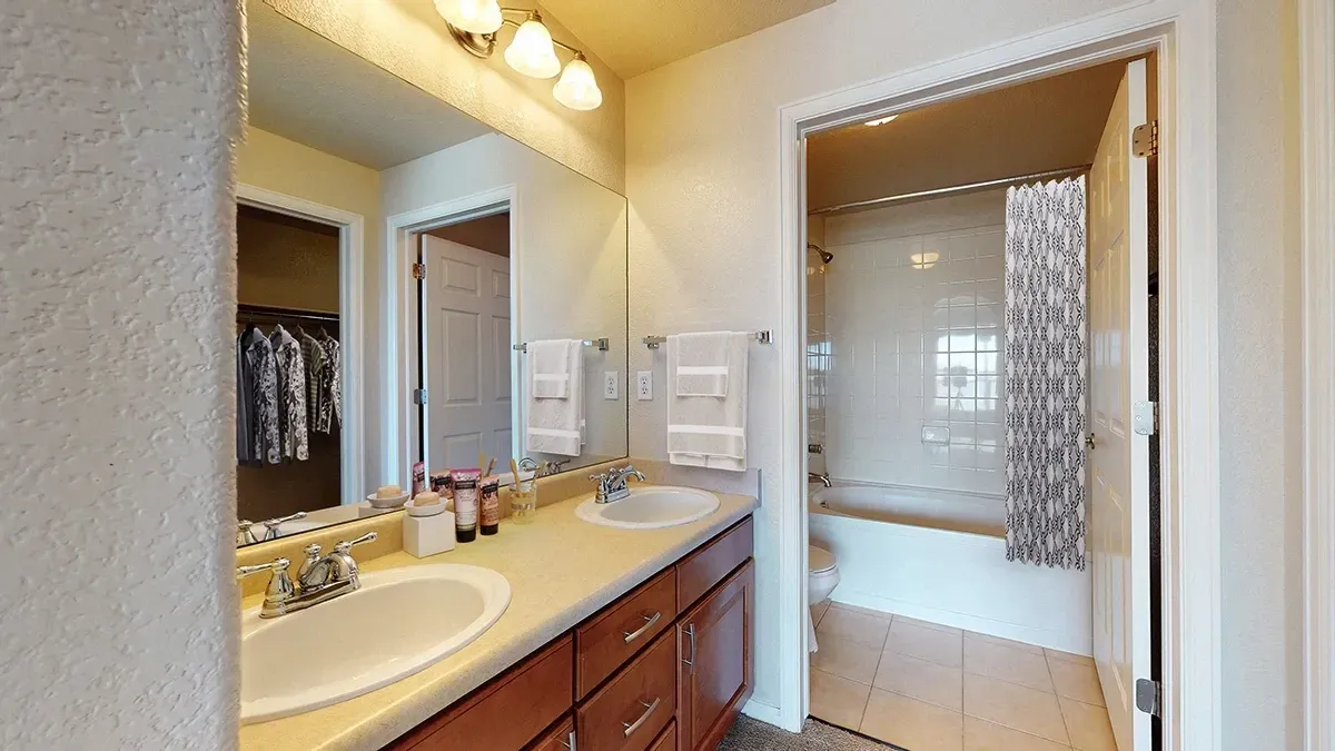 Double vanity with sinks, countertop, mirror, and closet; adjacent bathroom with toilet, tub, and shower.