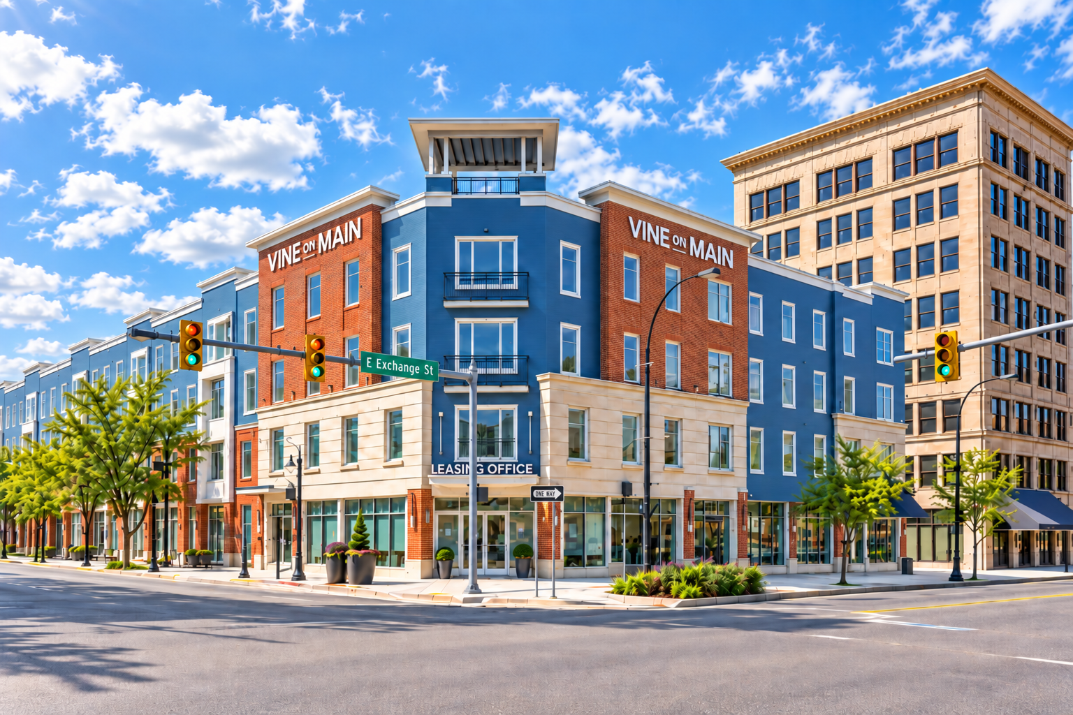 Modern corner apartment building with blue and red facades at a sunny city intersection