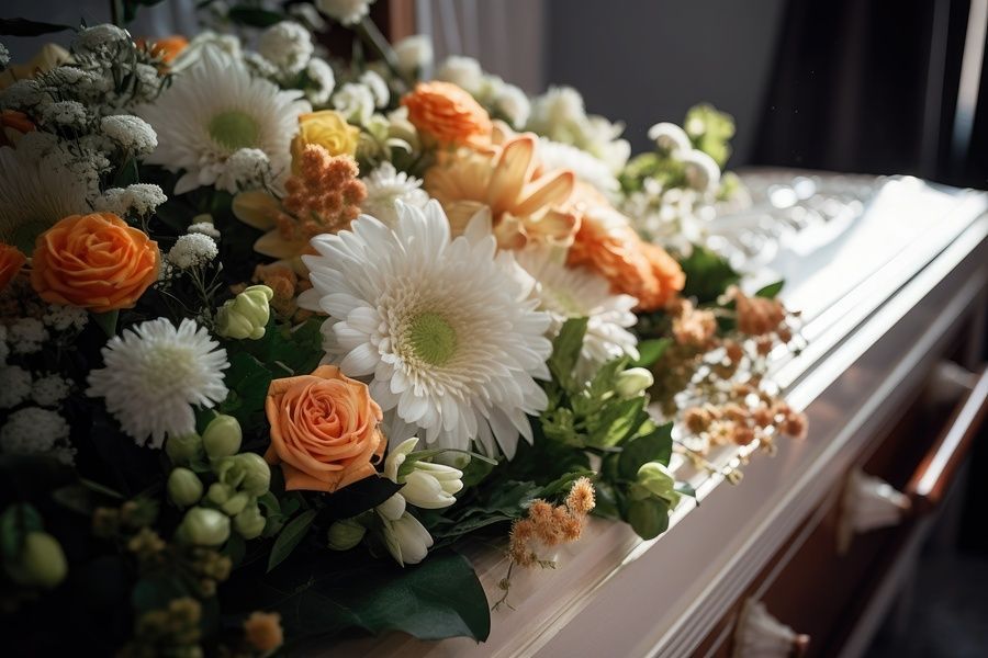 White and peach floral arrangement on a polished wooden casket in soft light