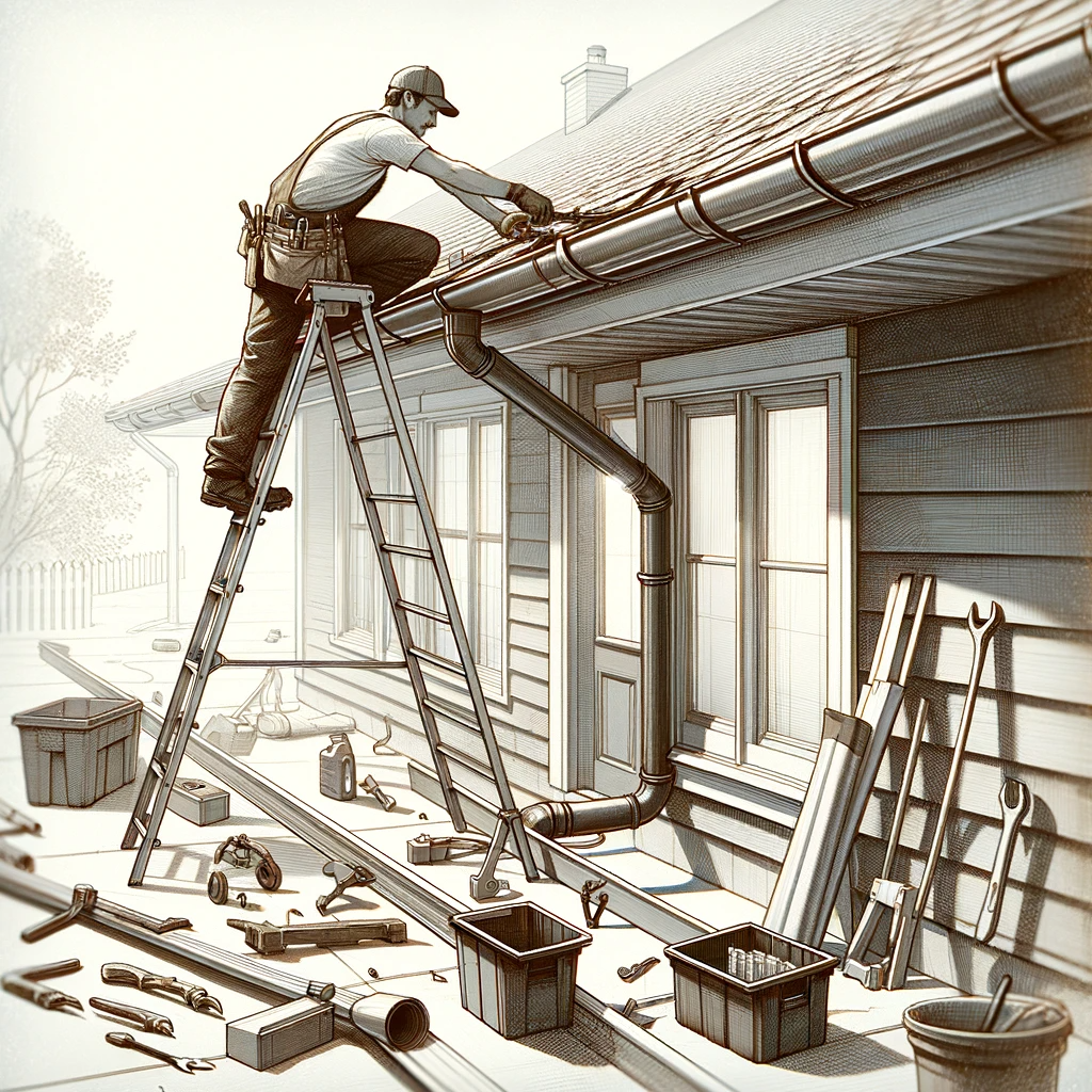 A man is sitting on a ladder fixing a gutter on the side of a house.