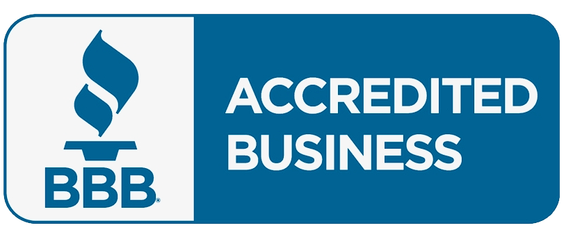 A blue and white sign that says accredited business.