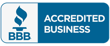 A blue and white sign that says accredited business.