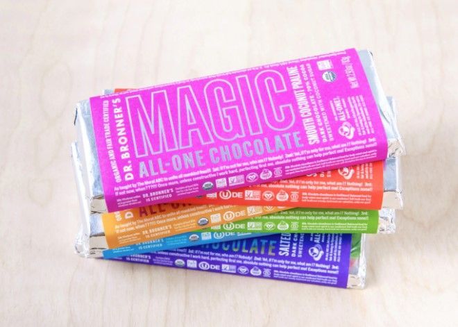 Stack of colorful Dr. Bronner's 