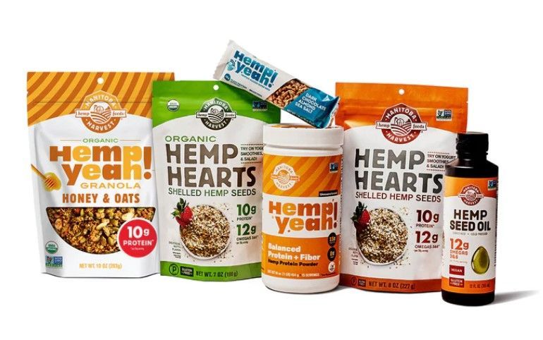 Assortment of Hemp Yeah products, including granola, hemp hearts, protein powder, and hemp seed oil.