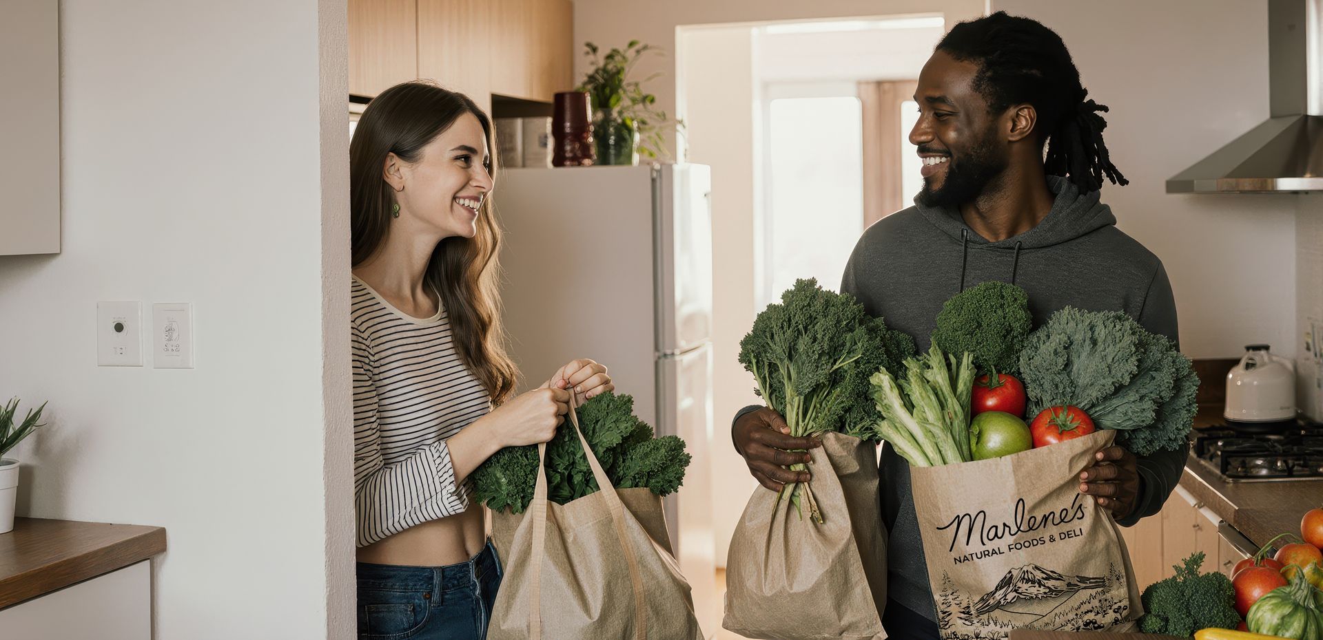 A smiling person carries paper grocery bags filled with fresh produce into a brightly lit kitchen.