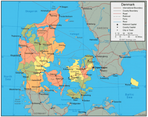 Map of Denmark showing county boundaries, roads, rivers, and cities.