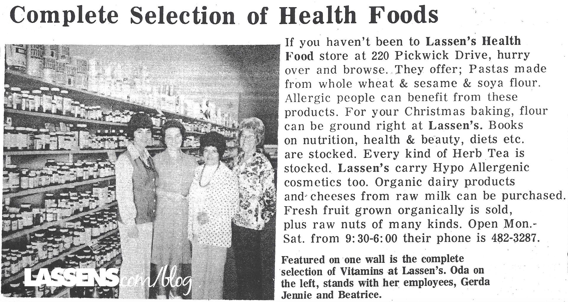 An advertisement for Lassen’s Health Foods showing a store interior with shelves, employees, and descriptive text.