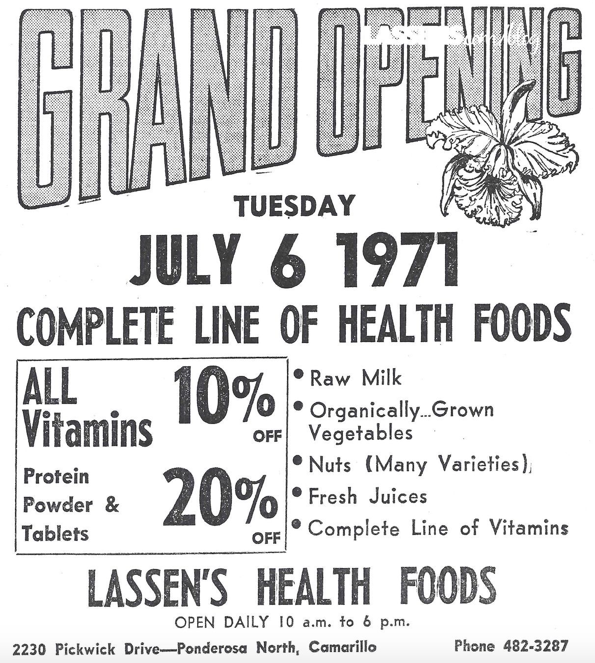 Ad for Lassen's Health Foods grand opening: Tuesday, July 6, 1971. Offering discounts on vitamins and protein powder.