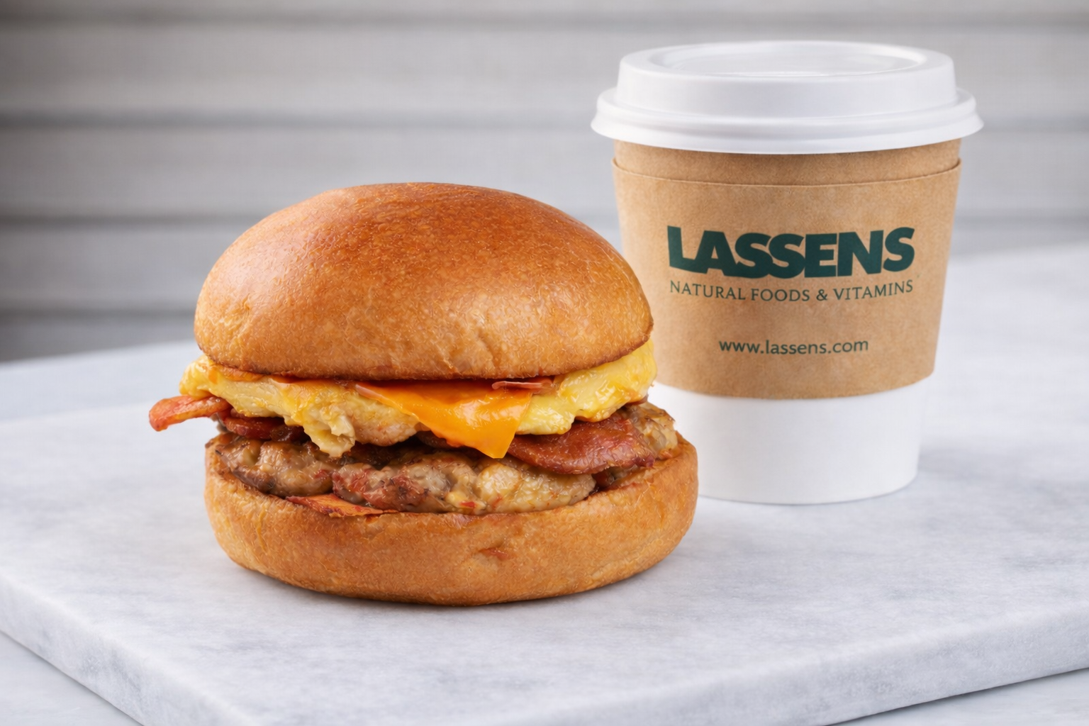 A breakfast sandwich on a bun with egg and meat, sitting on a white surface next to a Lassen's coffee cup.