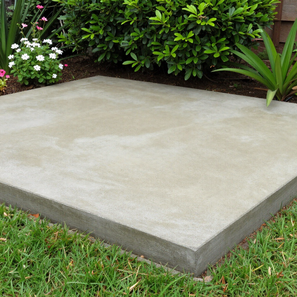 Fresh concrete patio slab bordered by grass and garden plants