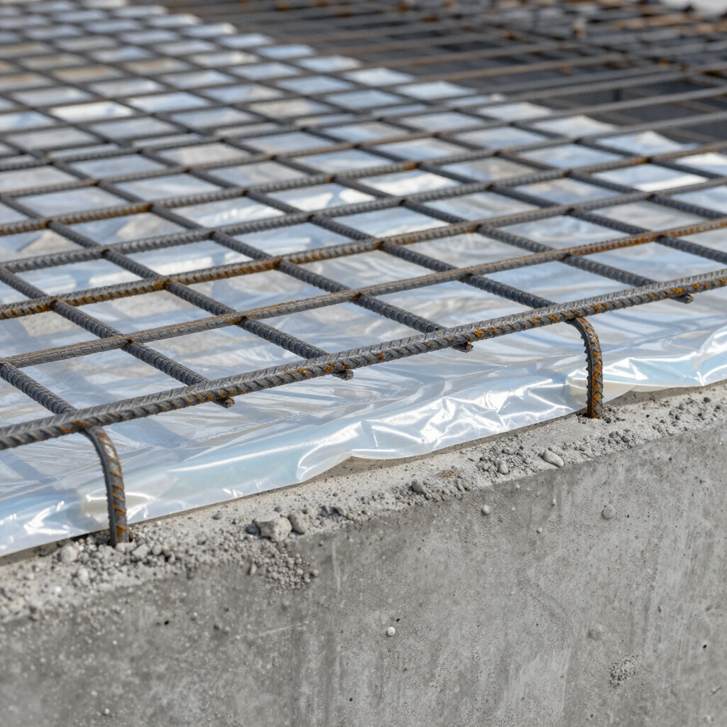 Rebar mesh over plastic sheeting on a concrete slab edge