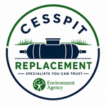 Logo for Cesspit Replacement Ltd with circular green and blue border and drainage icon