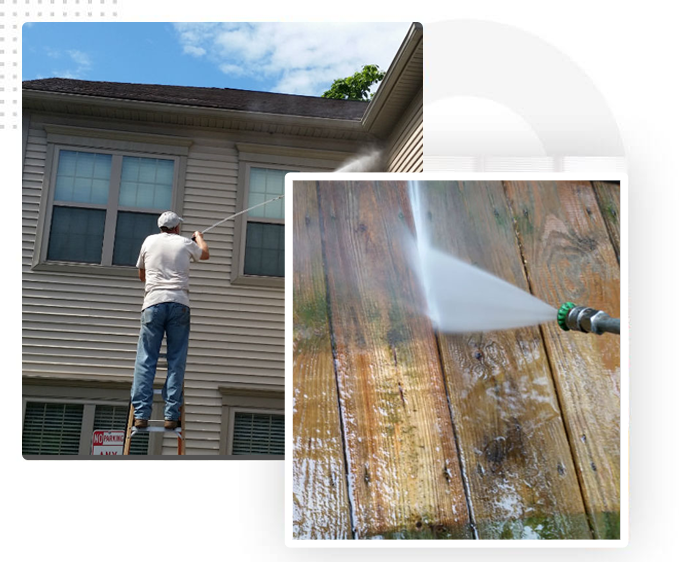 Man pressure washing the side of a house and a close-up of a deck being cleaned with water.