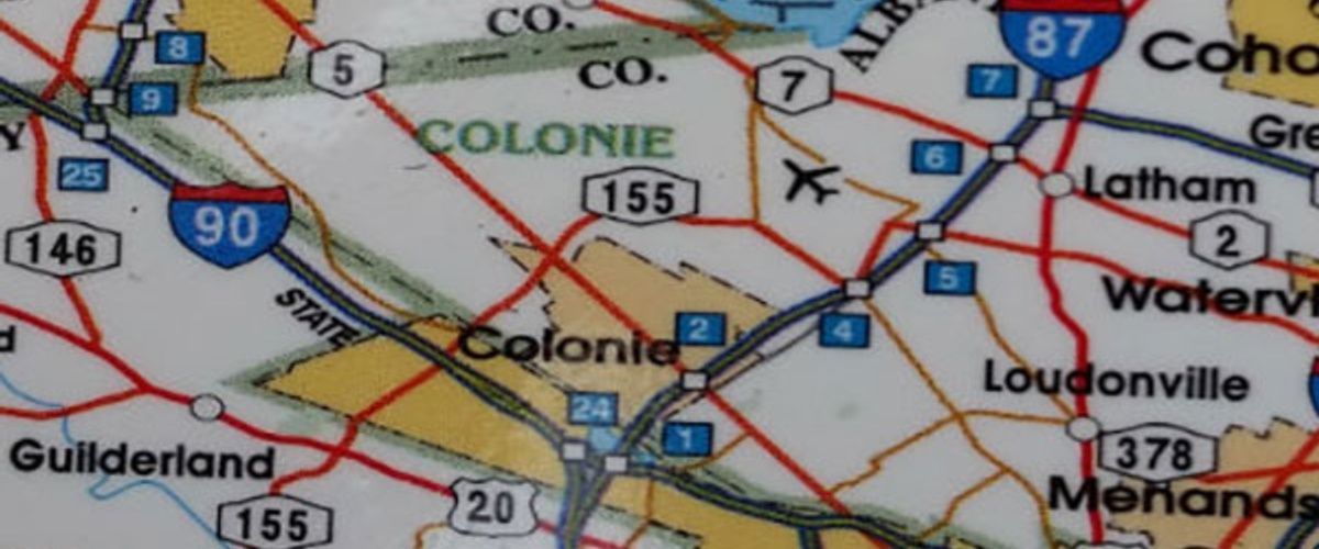 Map of Colonie, New York, showing roads, highways including I-90 and I-87, and nearby towns.