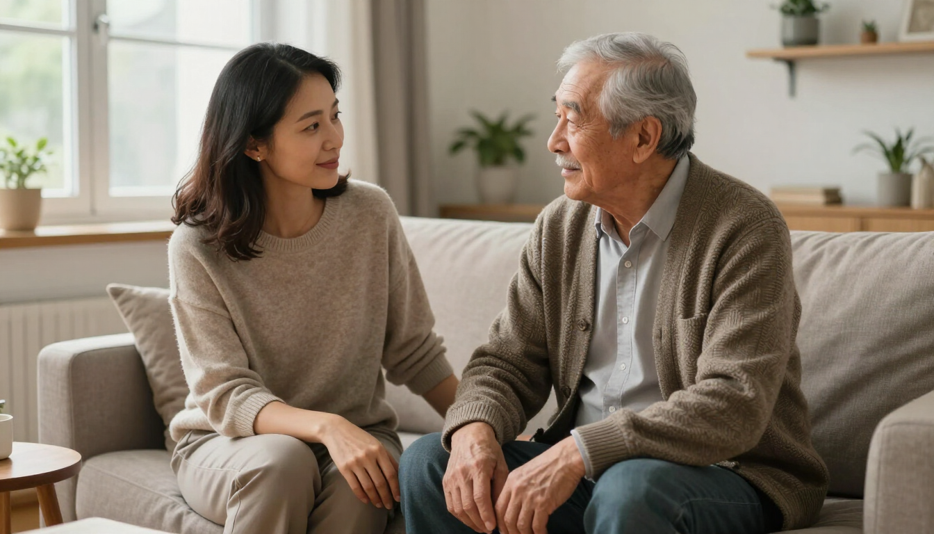Two people sit on a couch in a bright living room, talking softly.