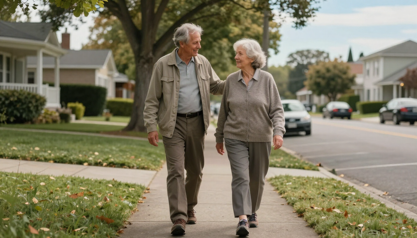 Two older adults walking arm in arm on a suburban sidewalk lined with trees and houses