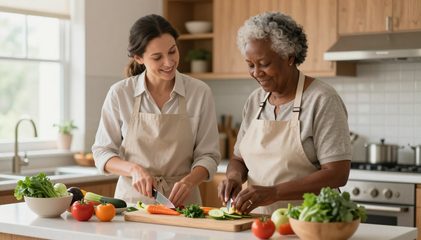 Two women preparing vegetables together in a bright kitchen