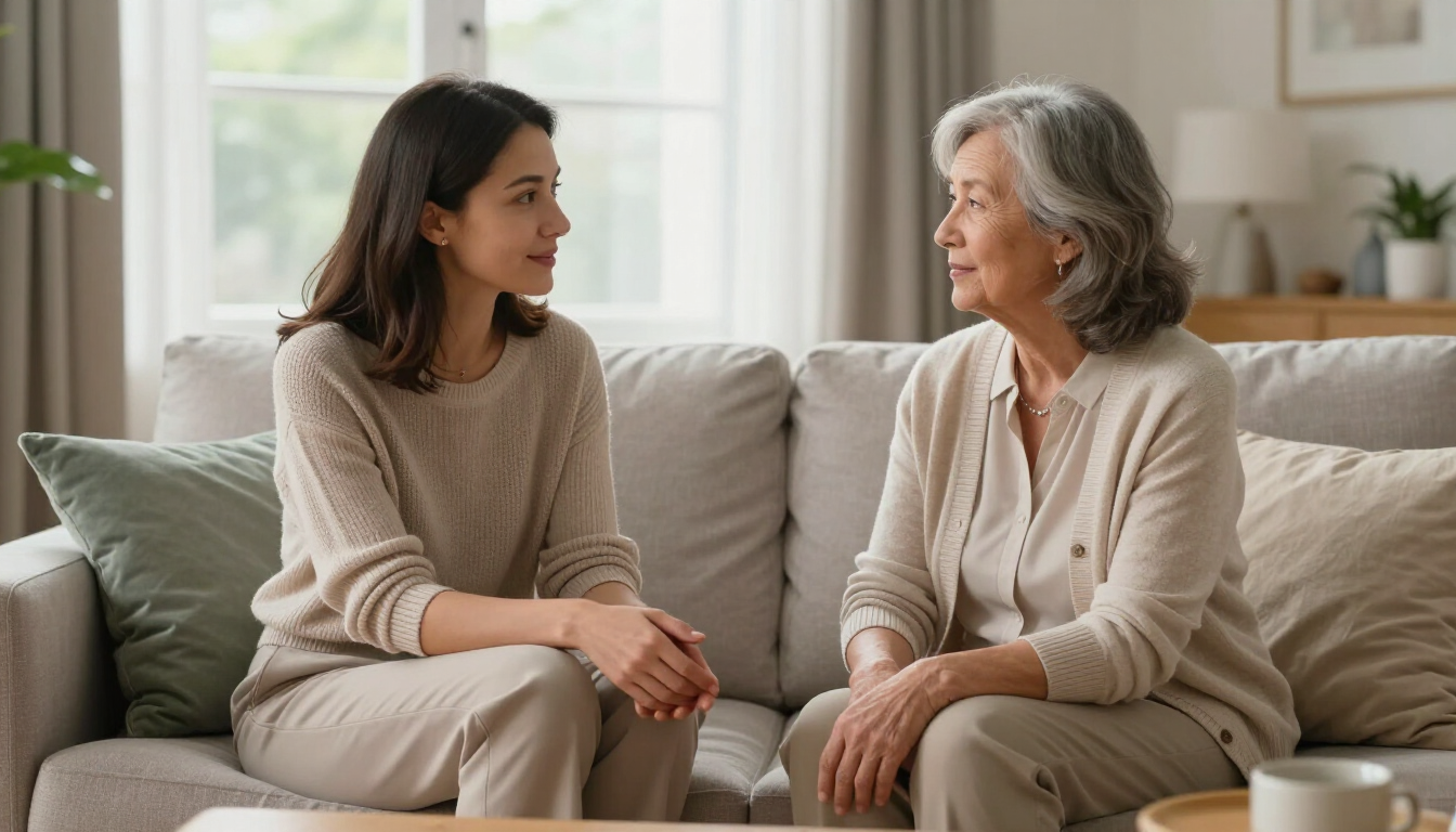 Two people sitting on a sofa, talking in a bright living room.