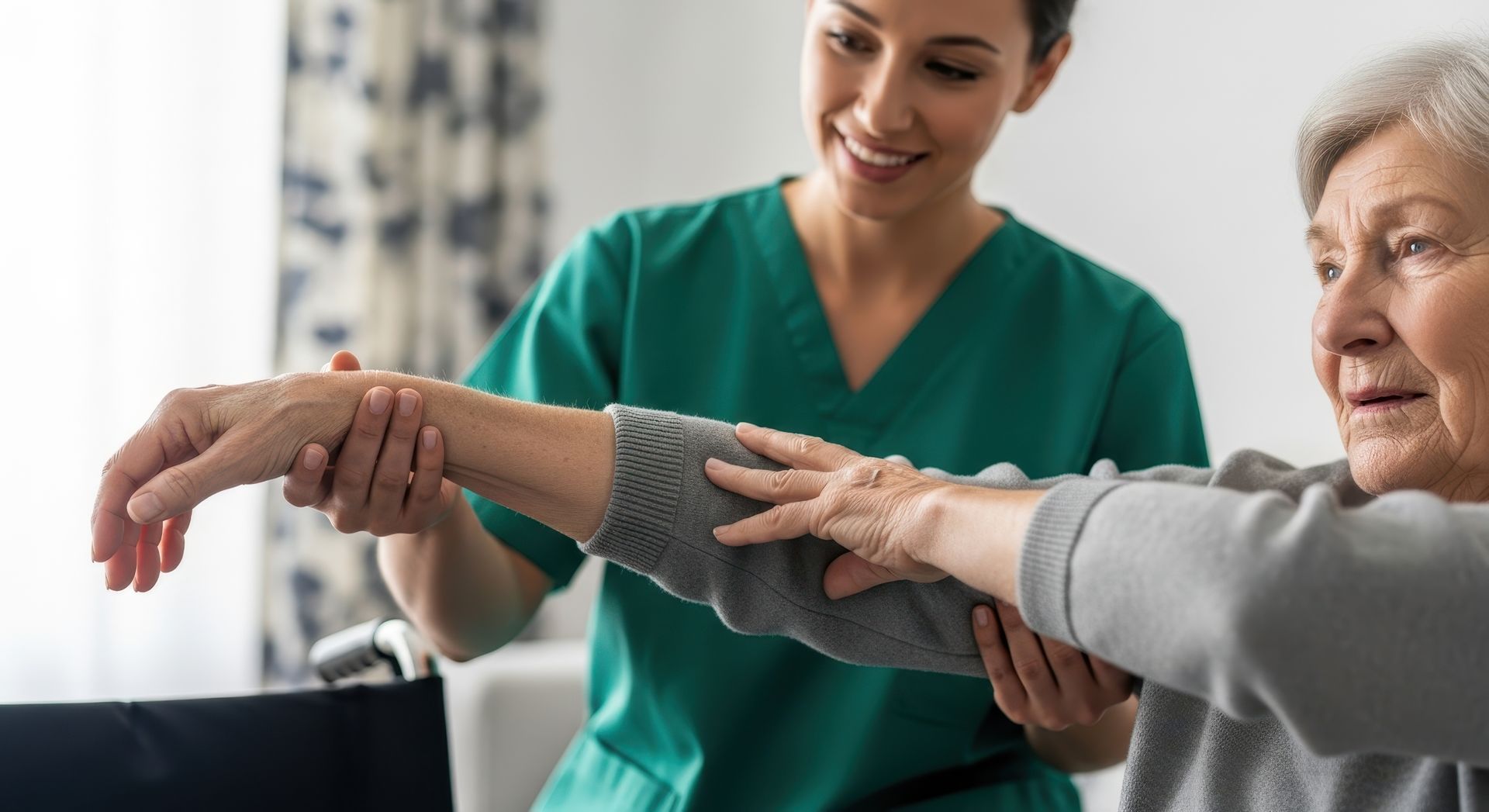 Nurse gently stretches an elderly patient’s arm in a bright clinic setting