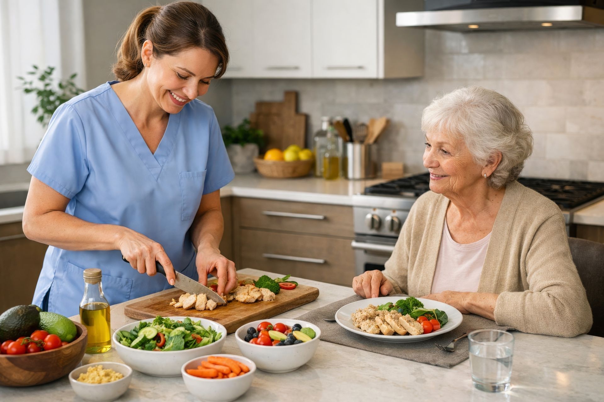 Two women preparing and serving a healthy meal together in a bright kitchen