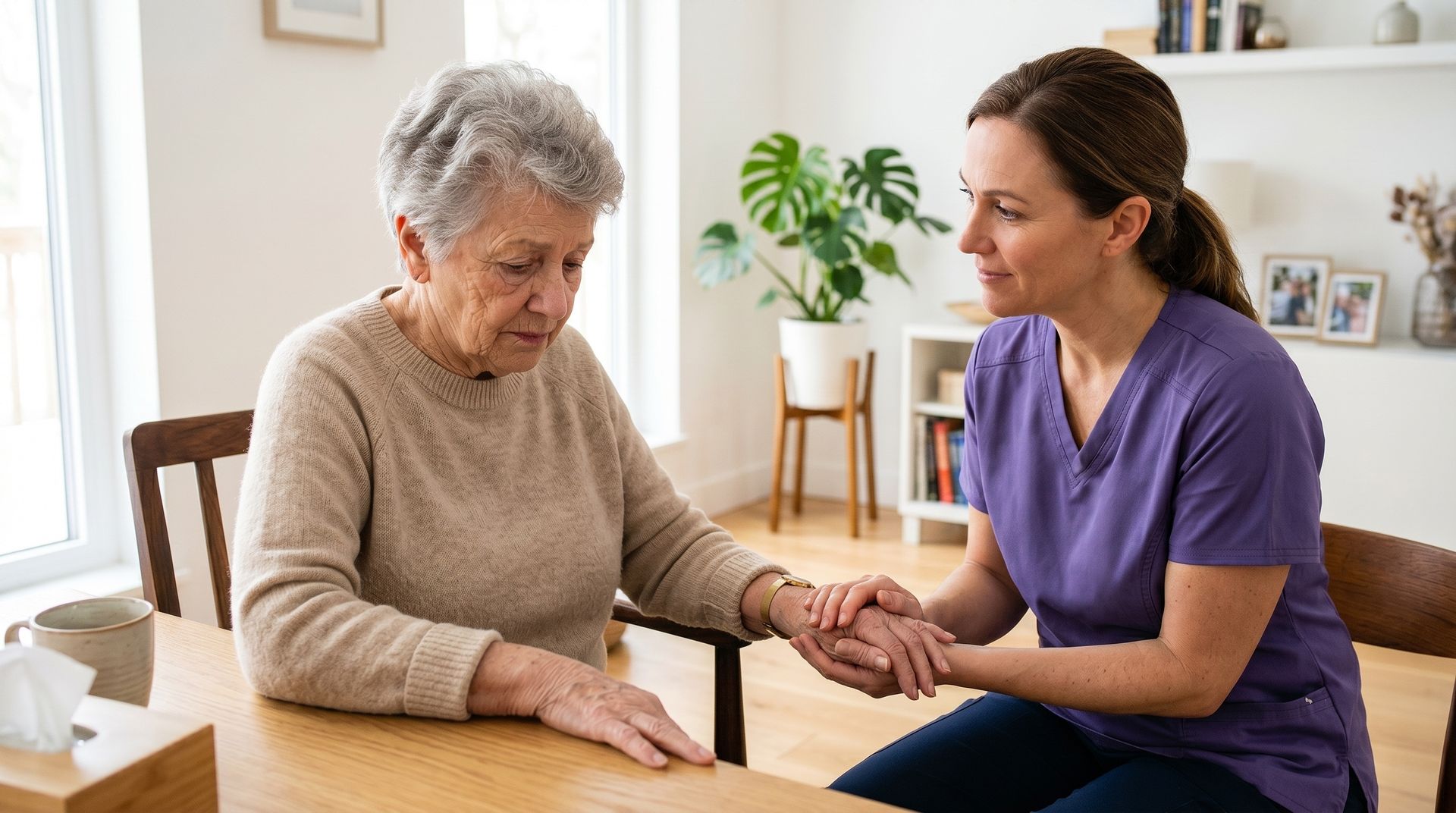 Caregiver holding an older woman’s hand during a home visit in a bright living room