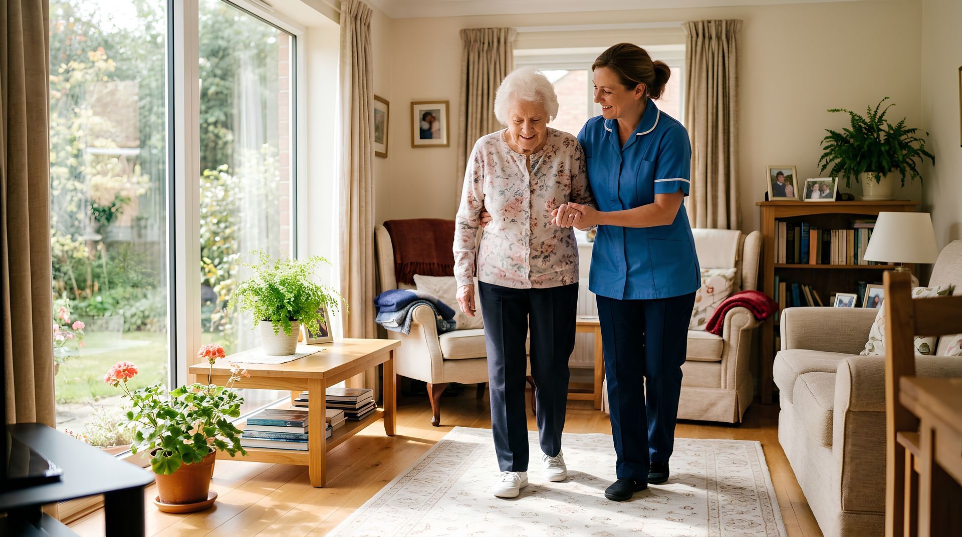 Caregiver helping an elderly woman walk in a bright living room with plants and sunlight