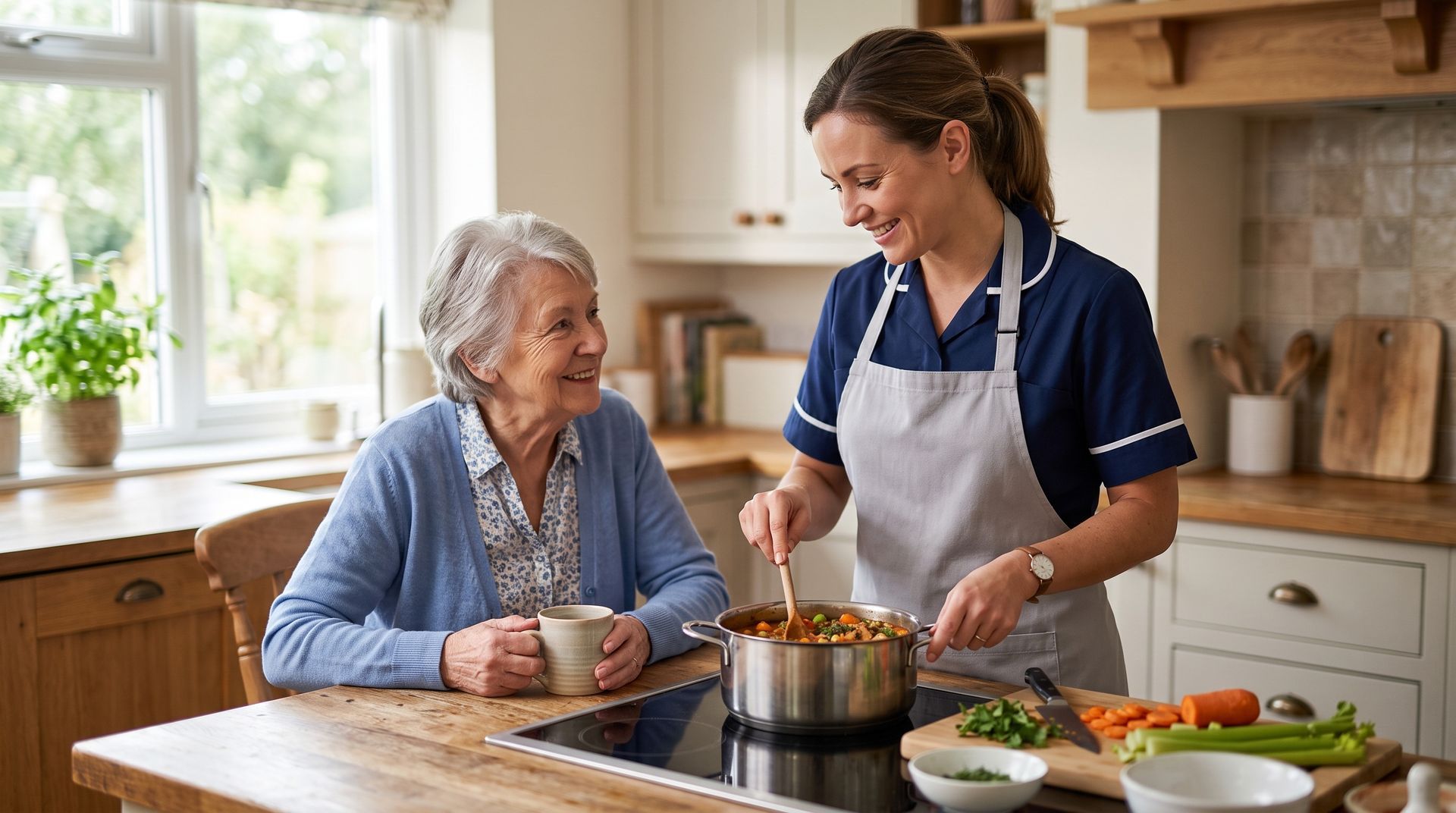 Two women in a bright kitchen, one stirring a pot while the other smiles holding a mug
