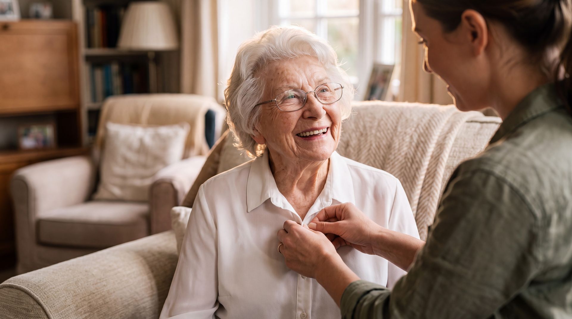 Woman fastening a necklace for an elderly seated woman in a cozy living room