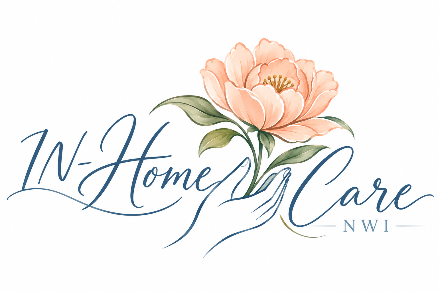In-Home Care NWI logo with peach flower and blue hand outline on white background