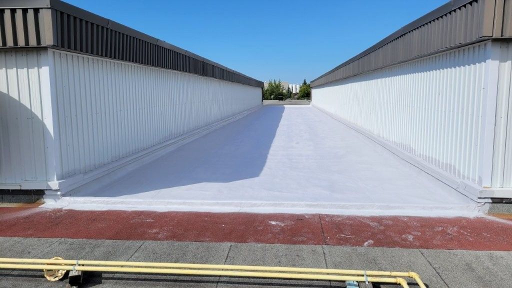 Toit peint en blanc entre deux bâtiments, ciel bleu.