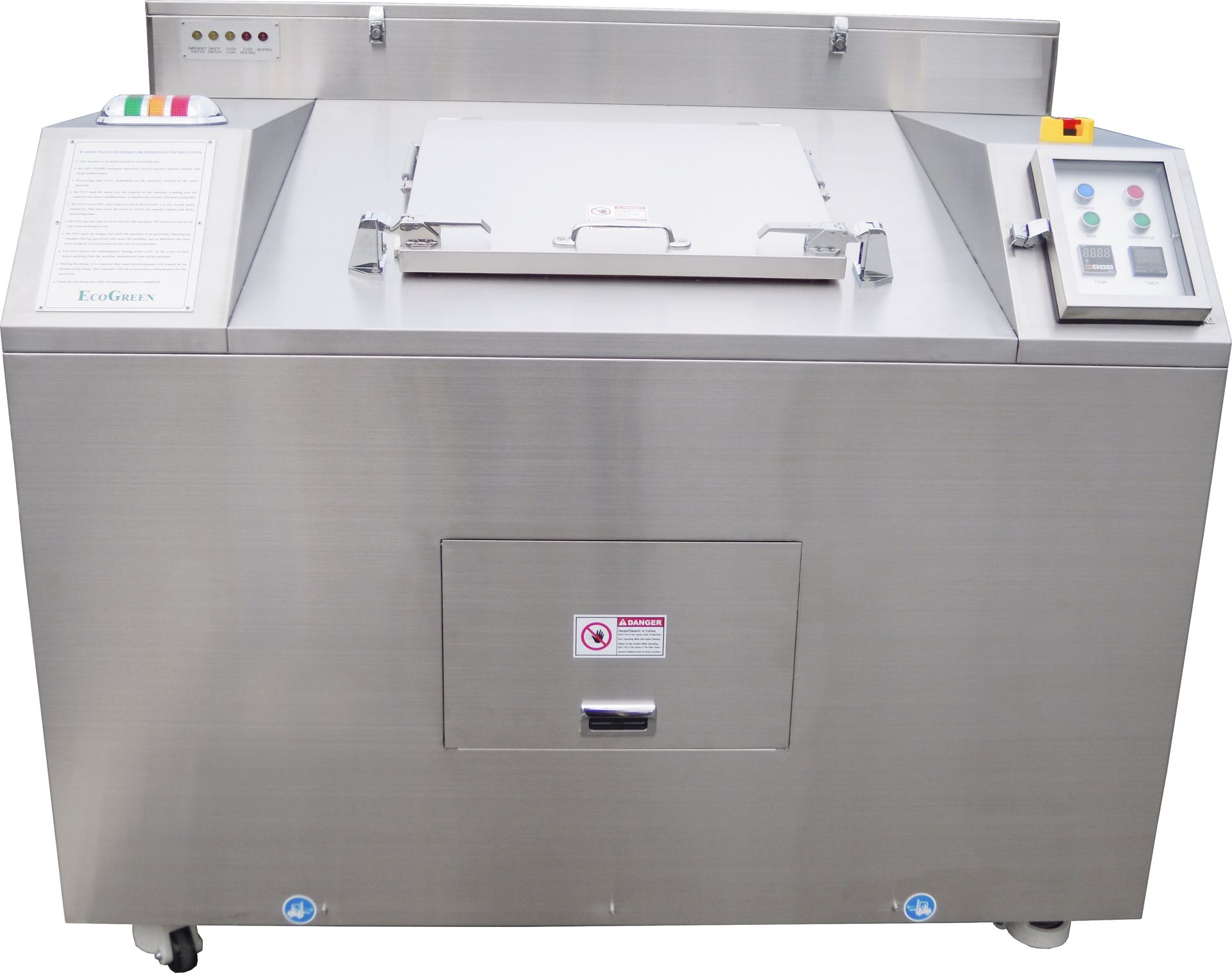 Machine de compostage industrielle en acier inoxydable avec panneaux de commande et porte d'accès frontale.