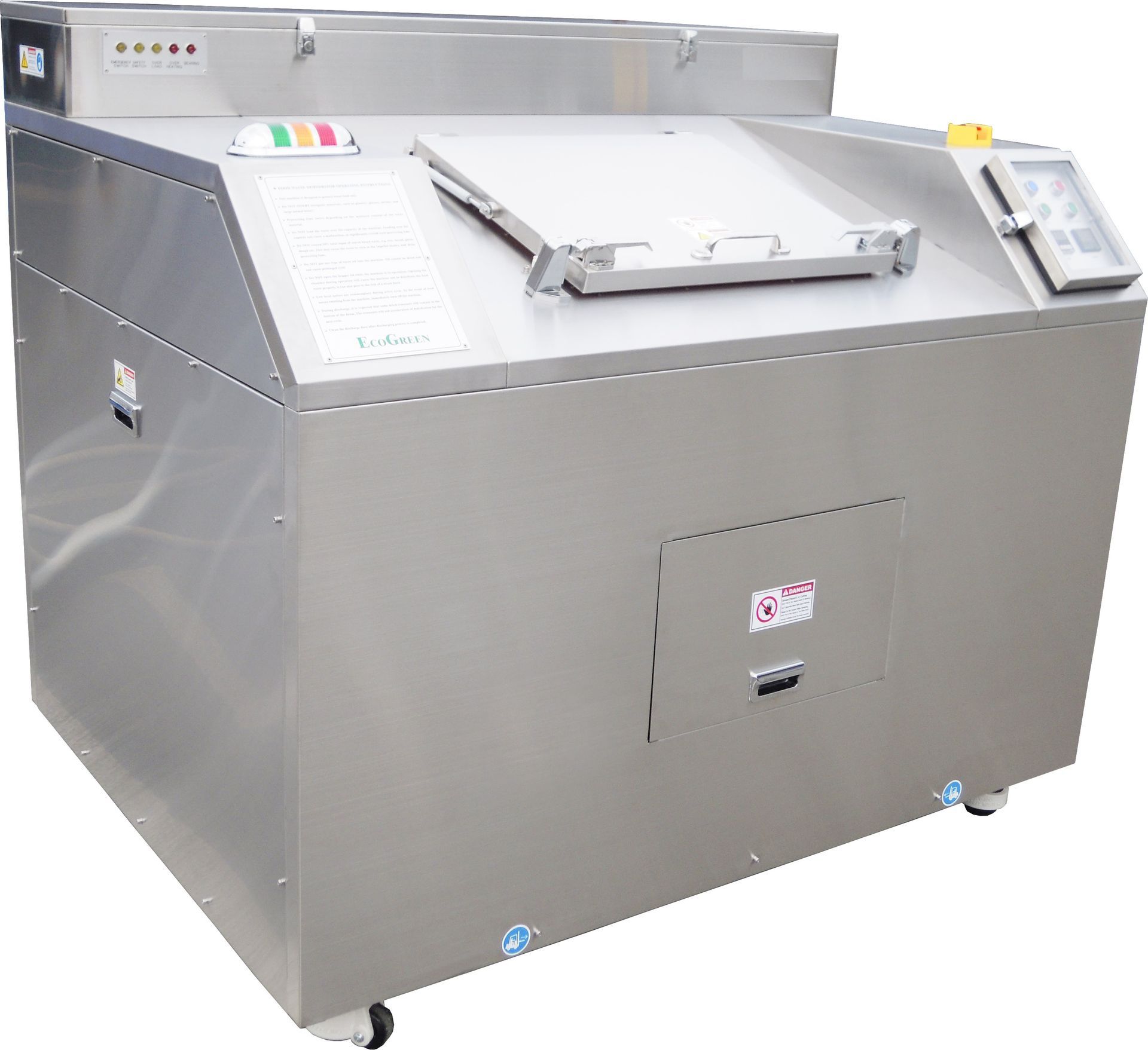 Composteur de déchets alimentaires de grande taille en acier inoxydable, avec panneau de commande tactile et couvercle à charnière.