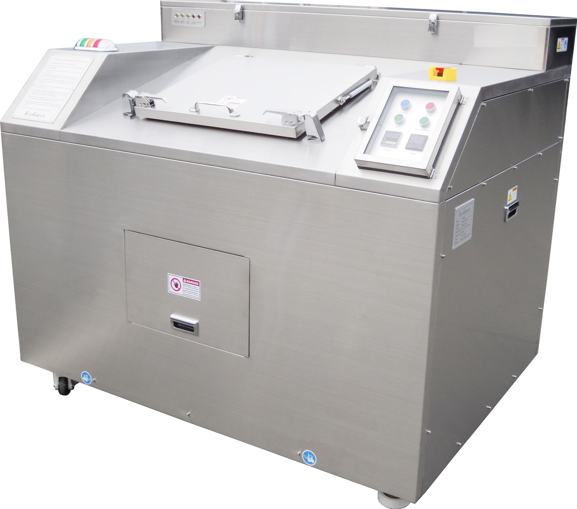 Composteur industriel de déchets alimentaires en acier inoxydable avec panneau de commande et couvercle ouvert.