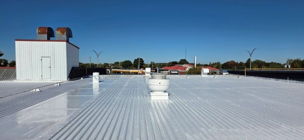 Toit industriel blanc avec des aérations se détachant sur un ciel bleu éclatant.
