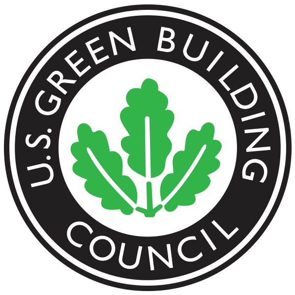 Logo du US Green Building Council, emblème circulaire noir et blanc orné d'une feuille verte.