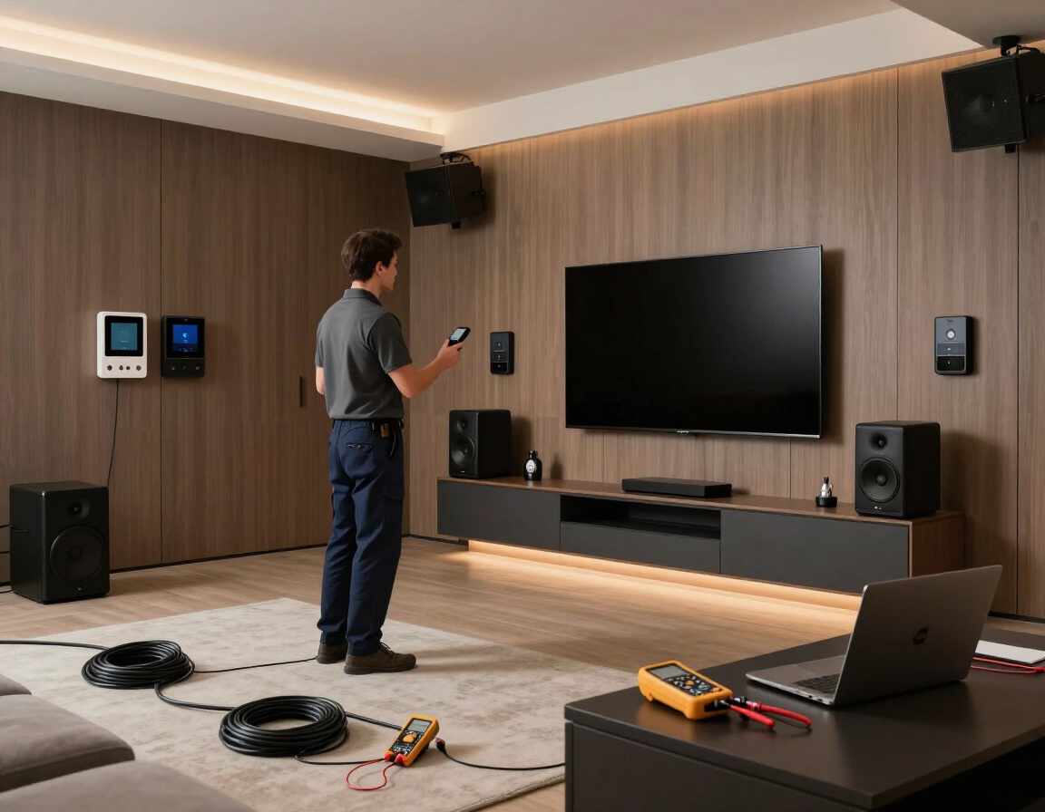 Installer testing home theater equipment