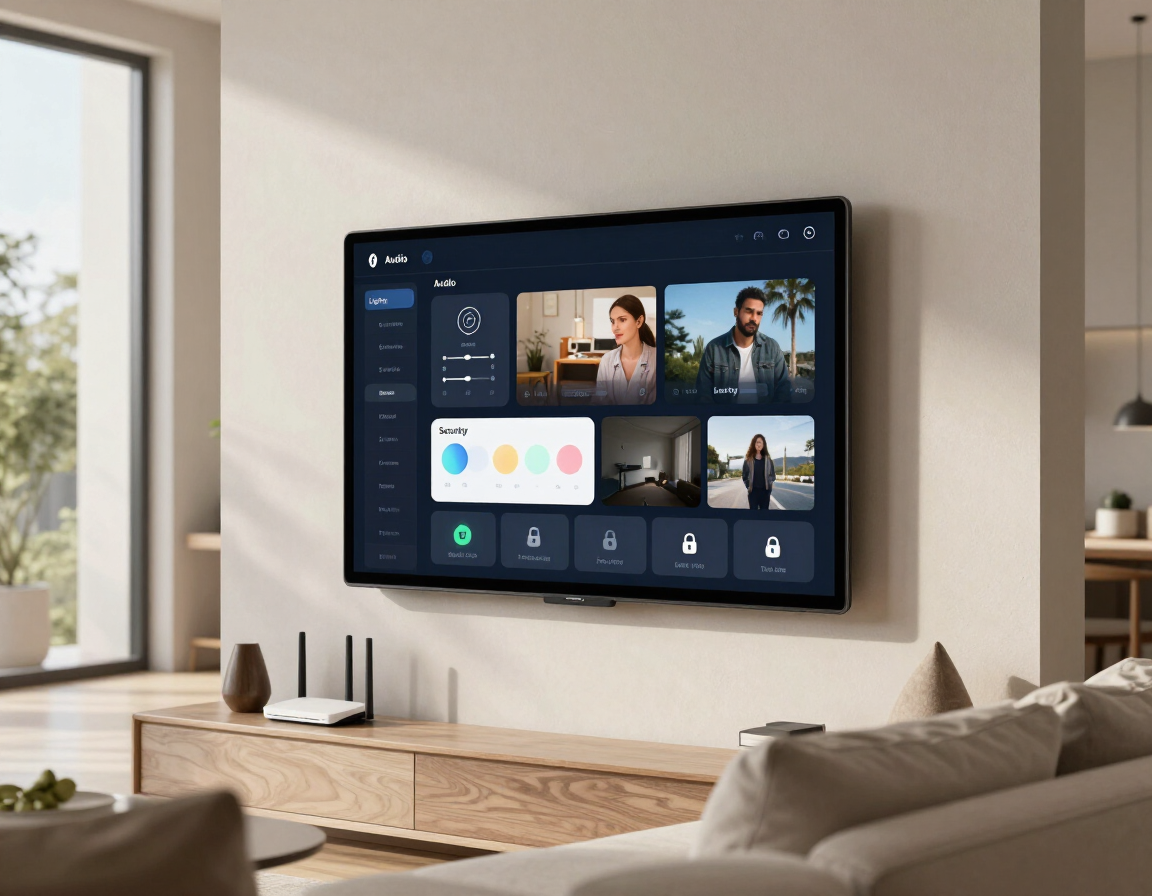 Smart home technology interface in a modern living room