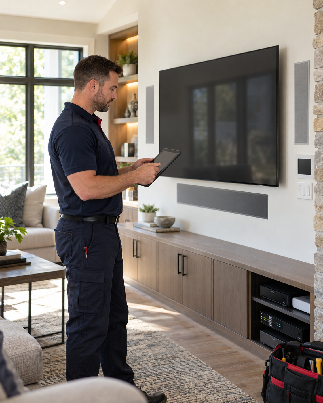 Bullpen AV Technologies technician installing smart home and audio/video equipment