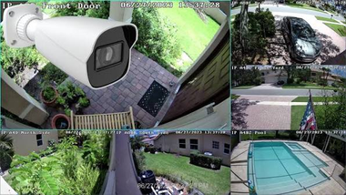 Security camera multiview of a house exterior, driveway, backyard pool, and landscaped patio.
