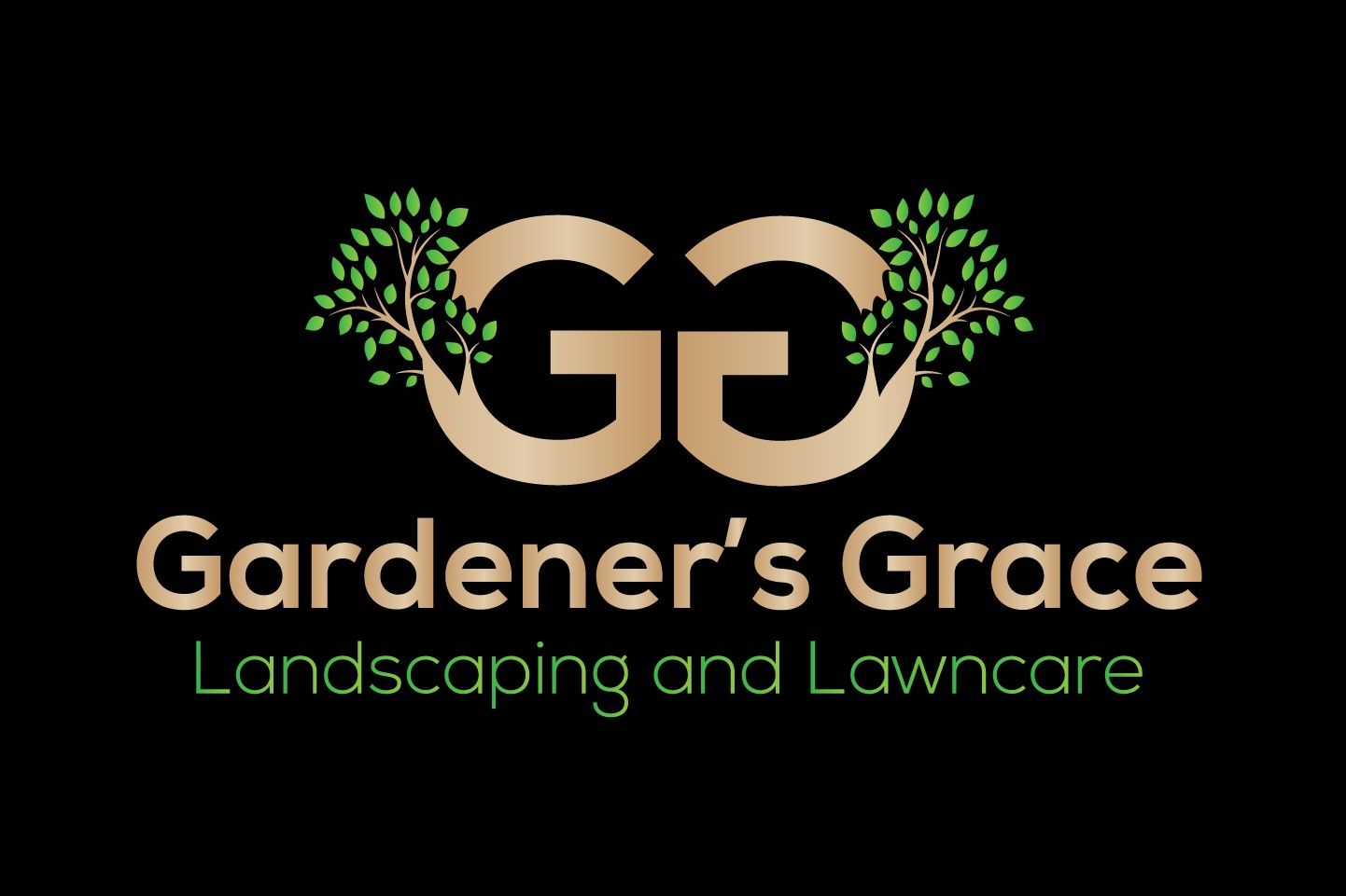 Gold Gardener's Grace logo with stylized "GG" initials shaped like trees, over green text on a black background.