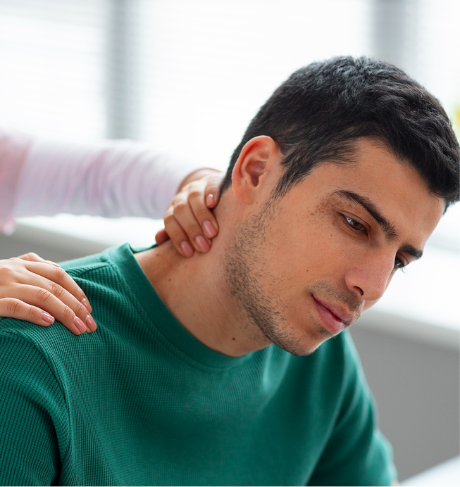 A man in a green shirt holding his neck, appearing to feel pain or stiffness, with a hand on his shoulder.