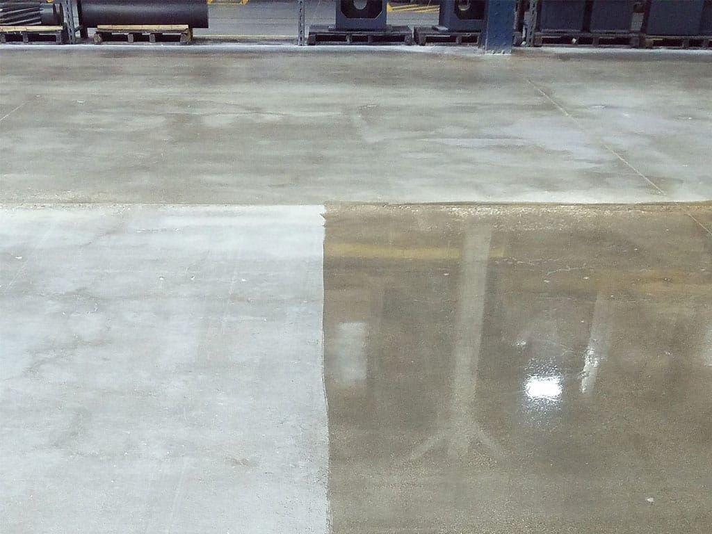 Before and after polished concrete slab in an industrial area.
